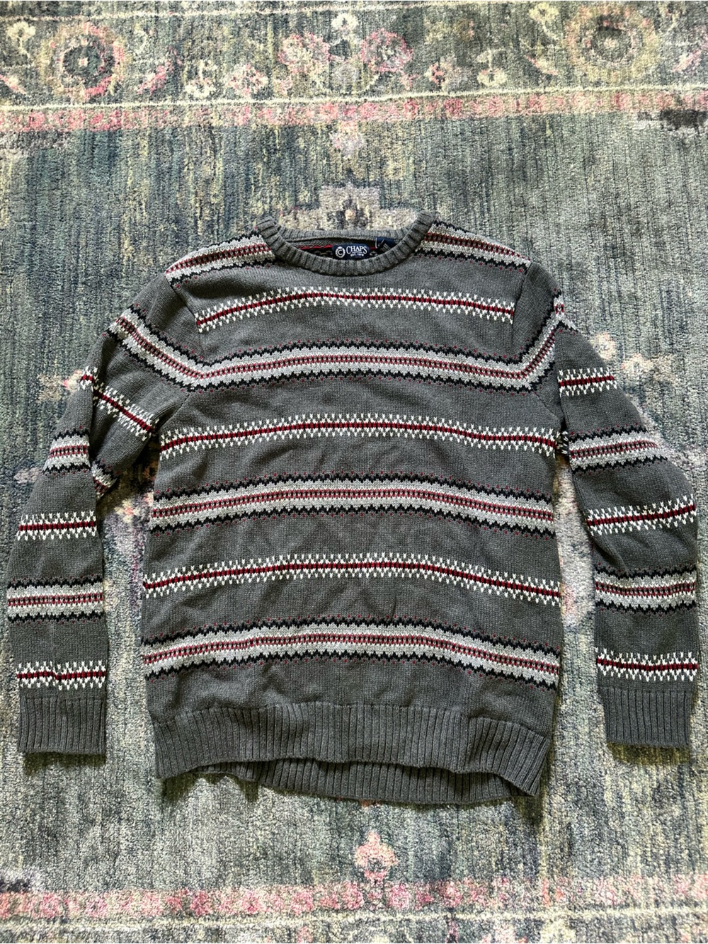 Chaps Gray Crewneck Holiday Warm Sweater with Red and White Stripe Pattern Large